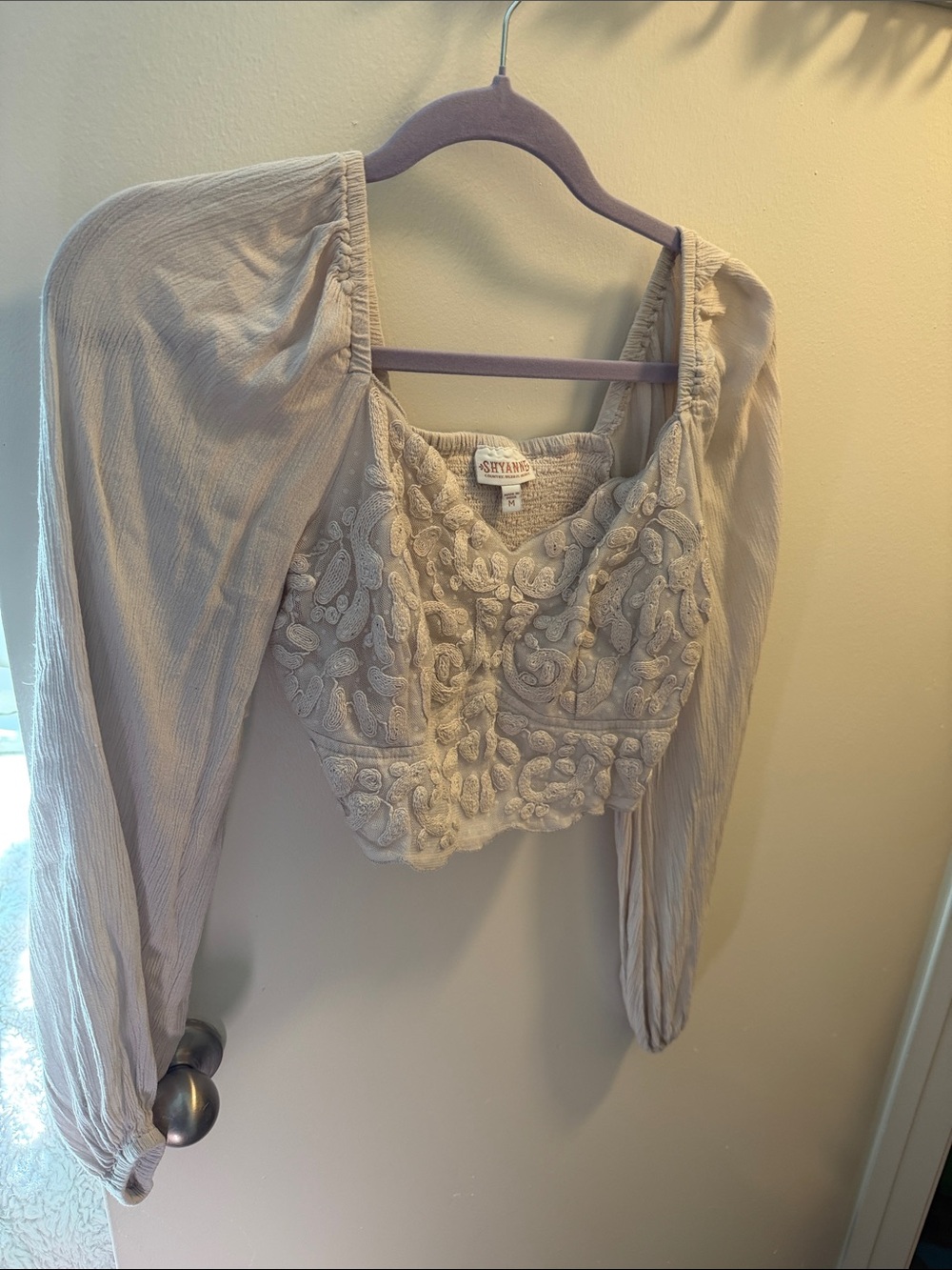 Shyanne Cream Lace-Embroidered Puff Sleeve Crop Top